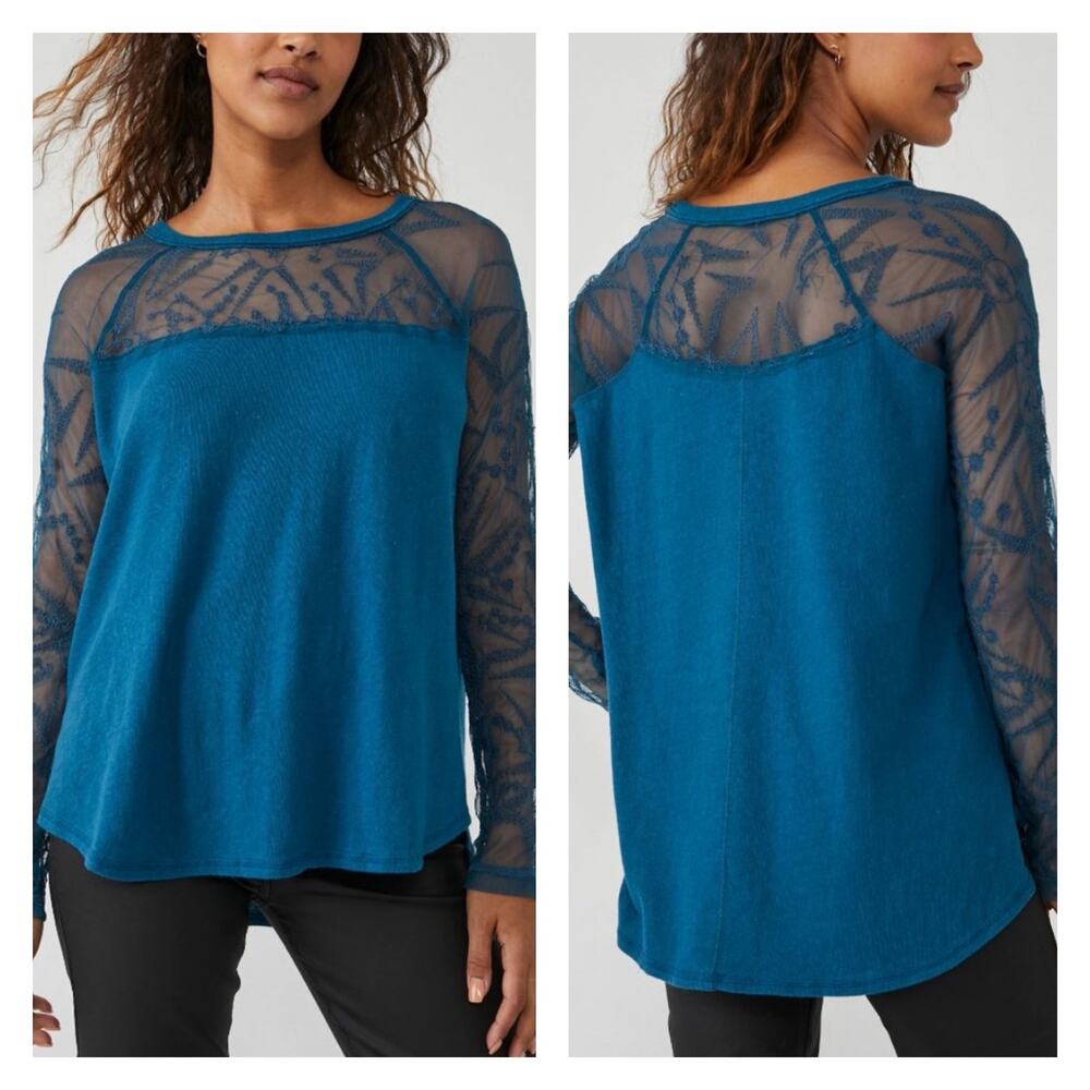 Free People Sidney Embroidered Mesh Sleeve Shirt Navy Patina Size XS